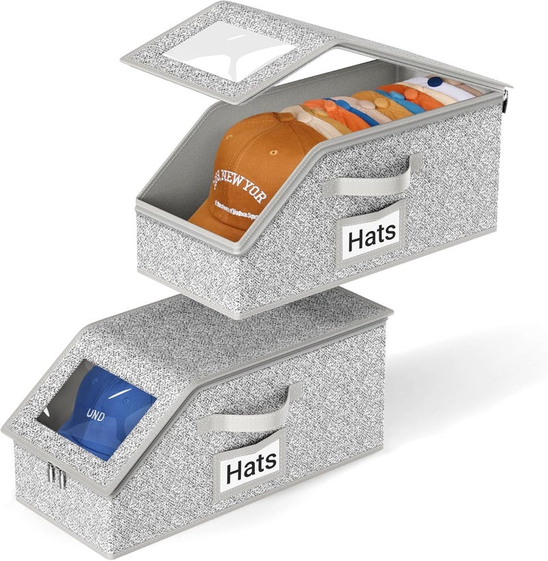 AOODA 2 PCS Stackable Hat Storage for Baseball Caps, Holds up to 24 Caps Hat Organizer for Closet, Sturdy Snapback Boxes for Men with Cardboard, Grey - Image 1